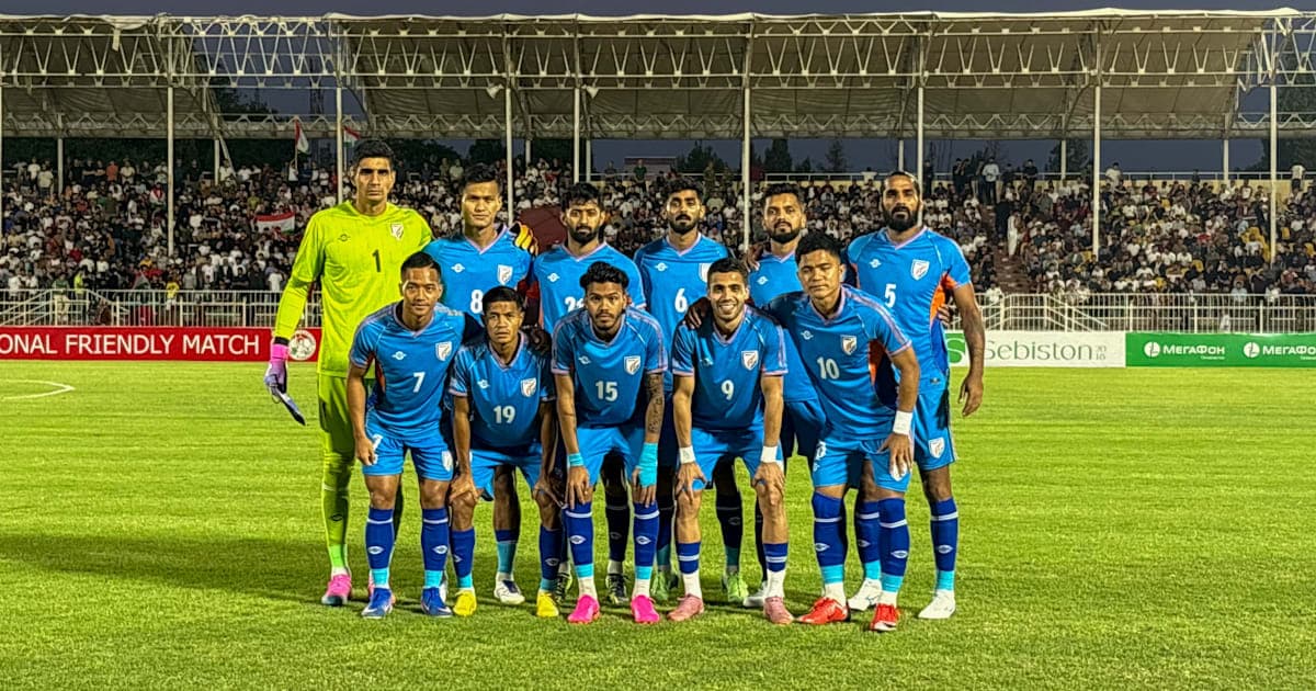 Indian football team posing for team photo before match