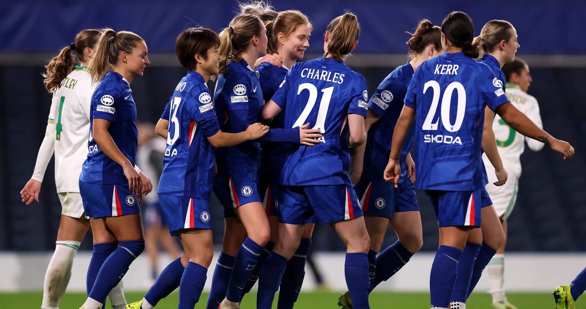 Chelsea women celebrating a goal during match