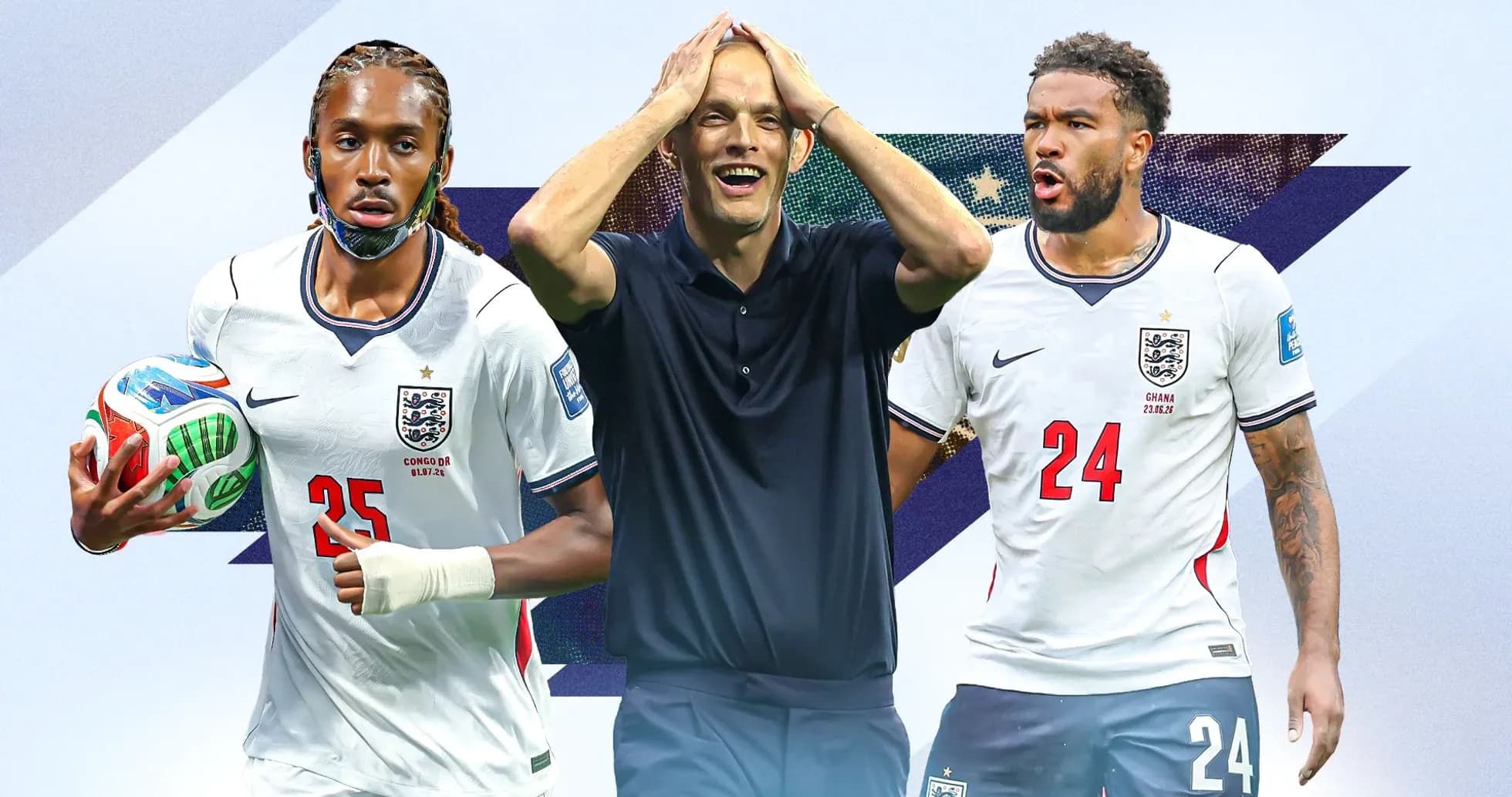 Two players in England jerseys and a coach
