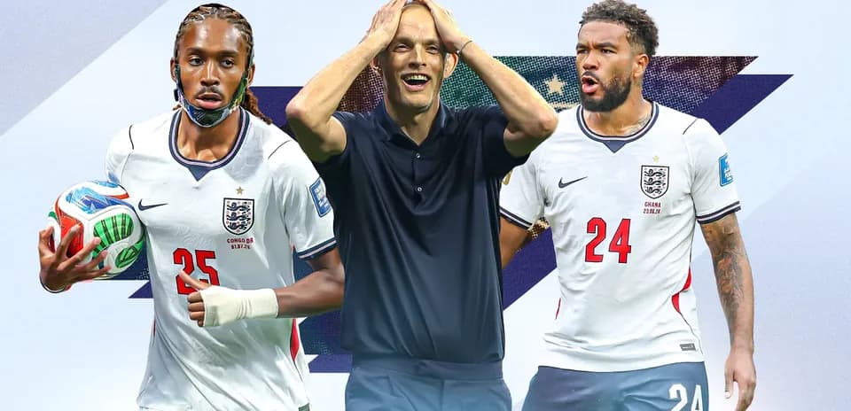 Two players in England jerseys and a coach