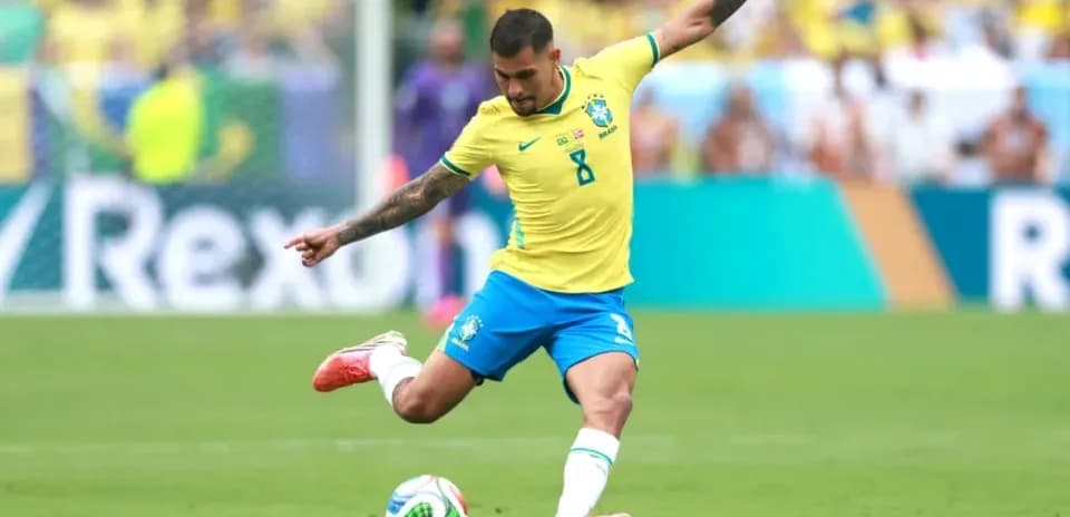 Player kicking soccer ball during match for Brazil