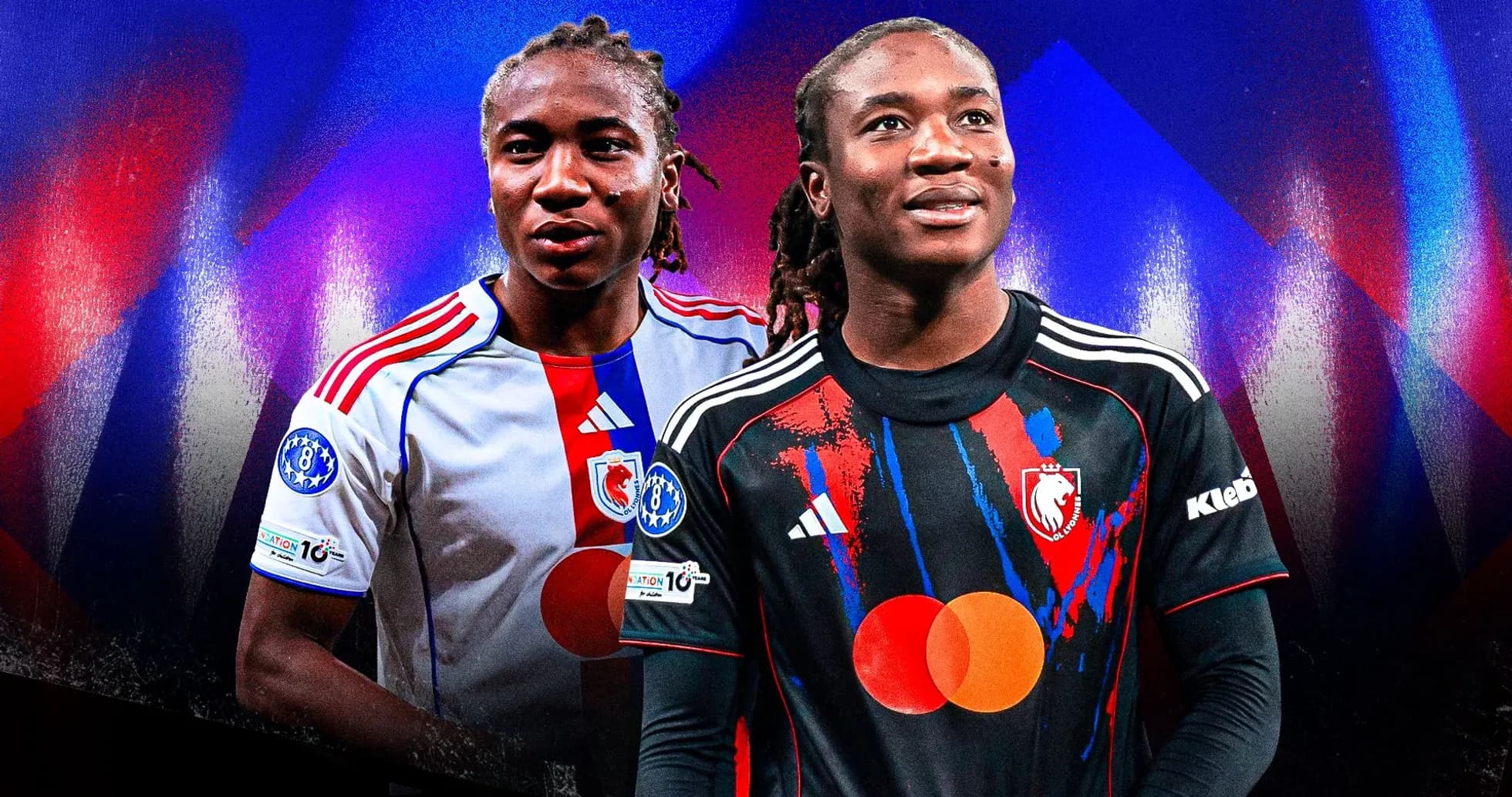 Two football players in team jerseys on colorful background