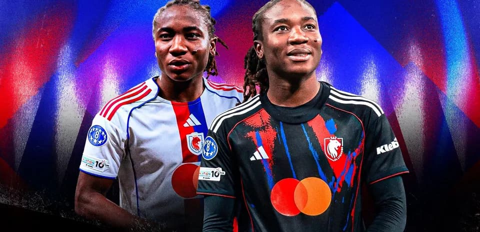 Two football players in team jerseys on colorful background