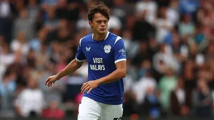 Player in blue kit running on football pitch