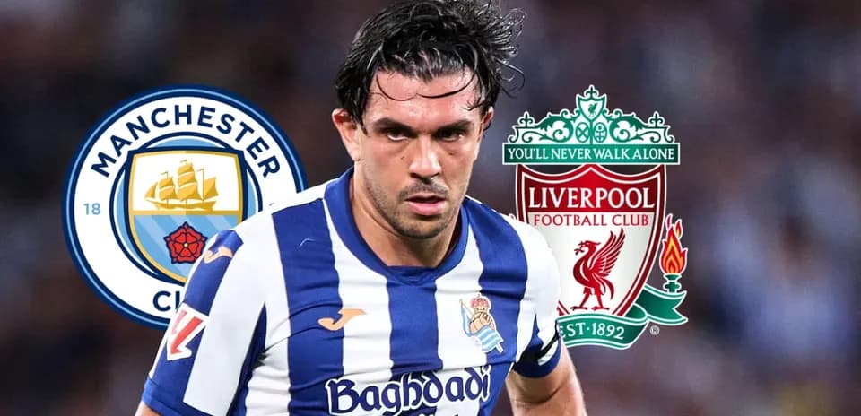 Player in action with team logos of Manchester City and Liverpool