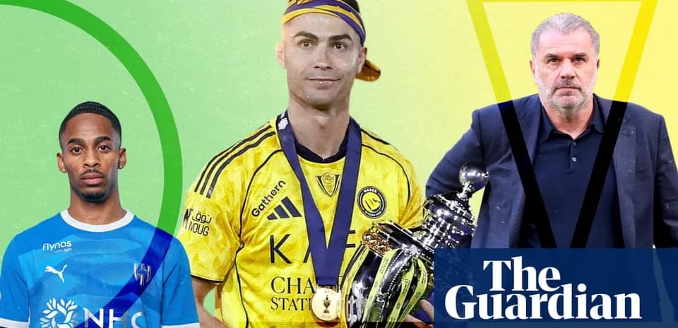Three football figures, one holding a trophy