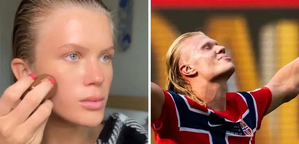 Person applying makeup beside football player celebrating