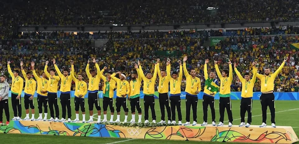 Brazilian football team celebrating Olympic gold medal