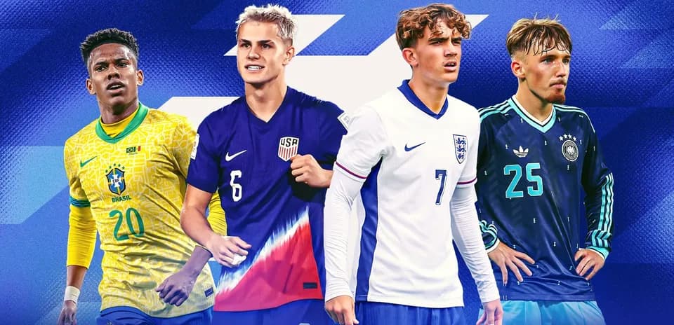 Four young soccer players from different countries