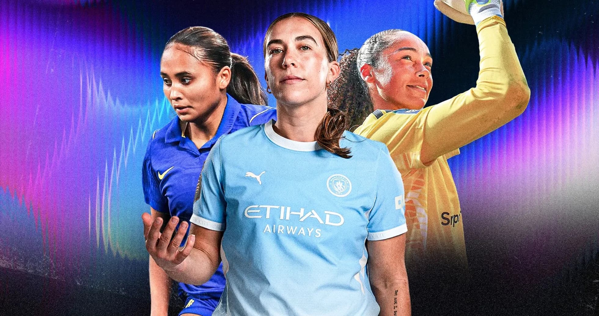 Female soccer player in Manchester City kit with teammates