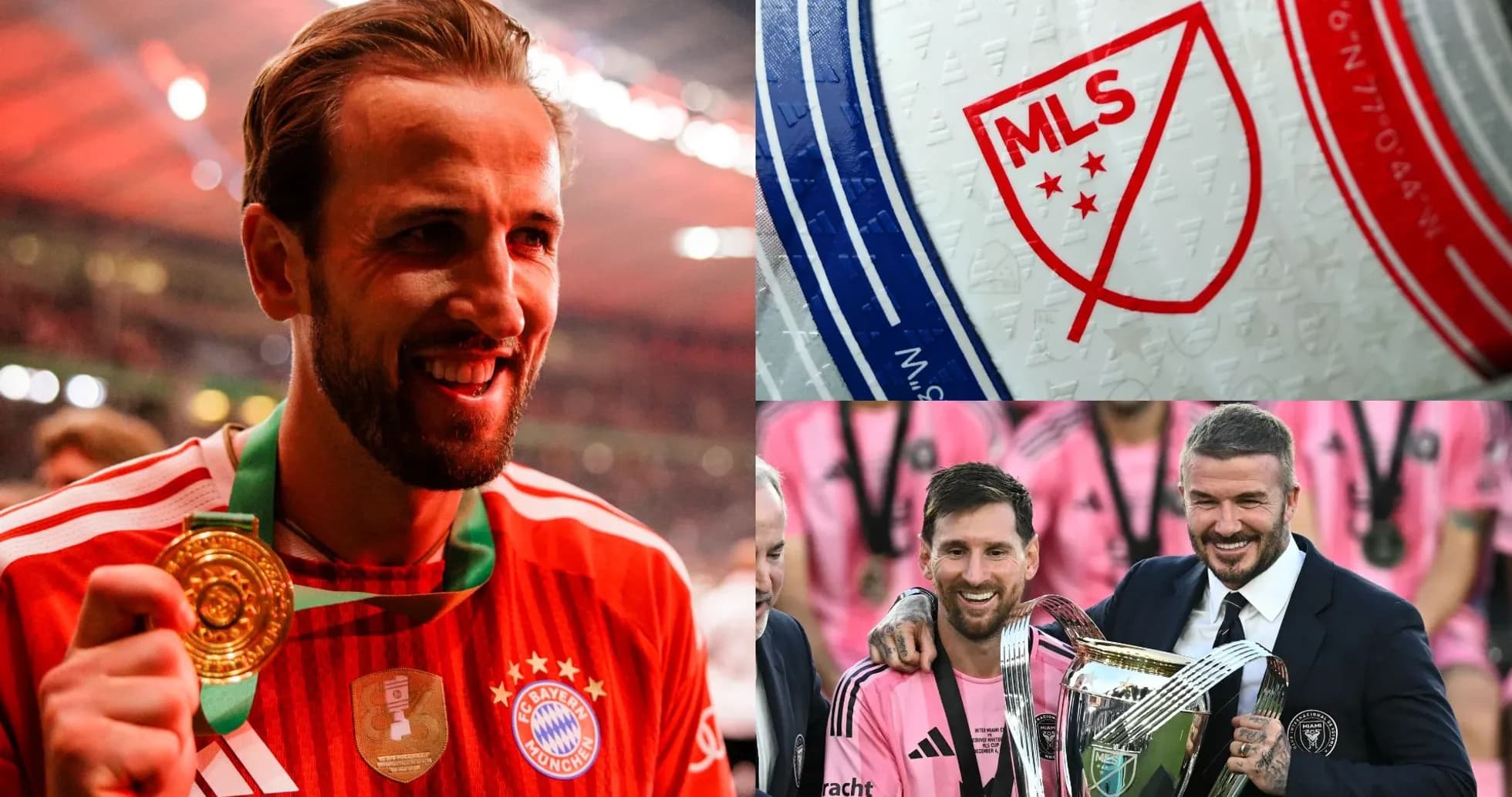Harry Kane celebrating with medal, MLS logo, Messi and Beckham with trophy