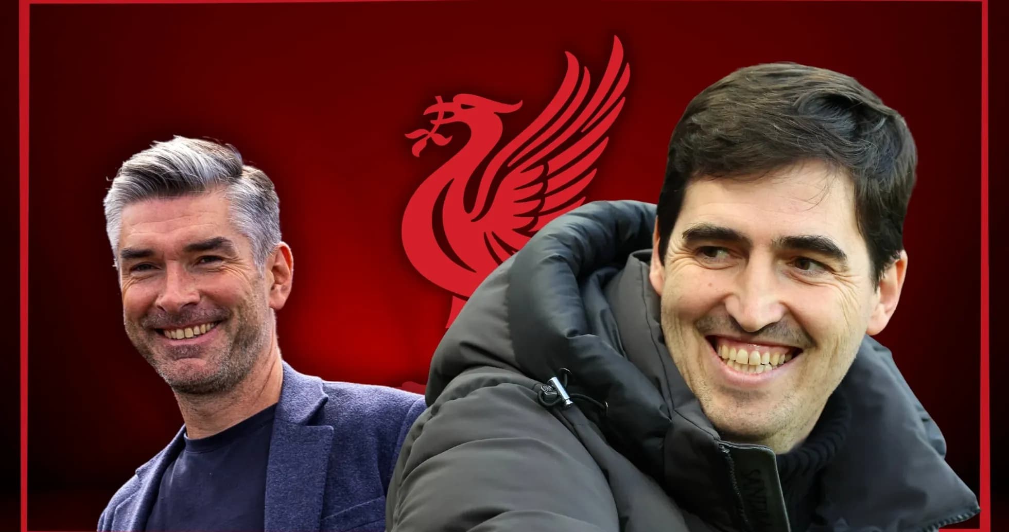 Two smiling football managers against Liverpool background