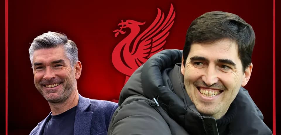 Two smiling football managers against Liverpool background