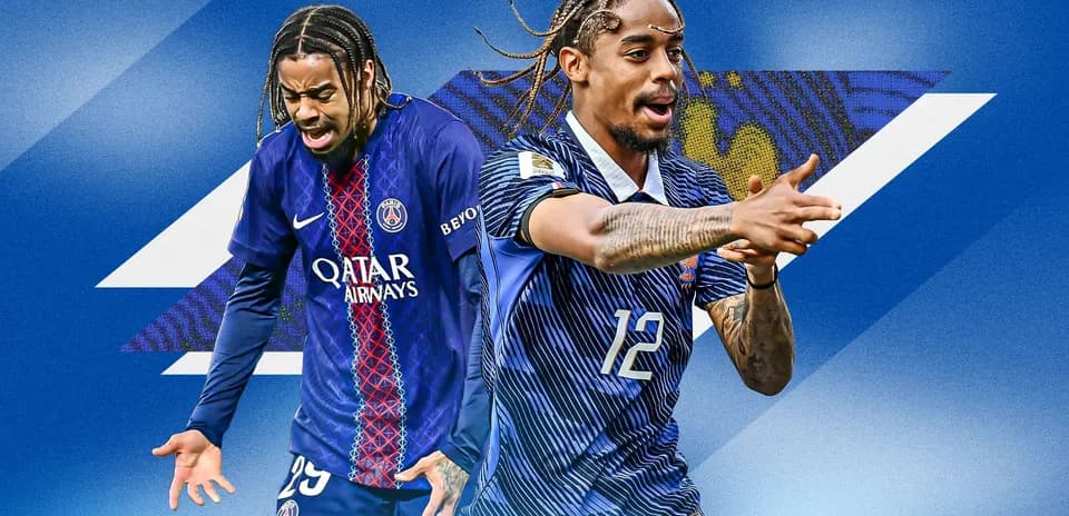 Two football players in team jerseys on blue background