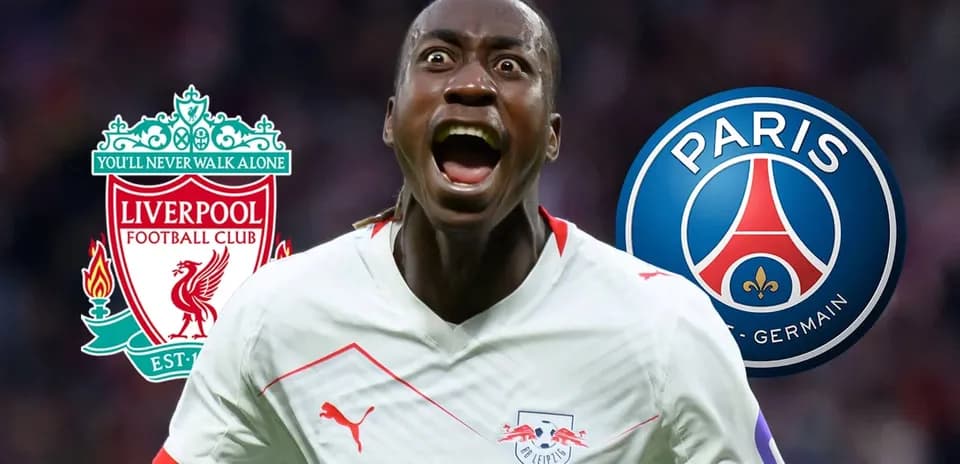 Player celebrating with Liverpool and PSG logos in background