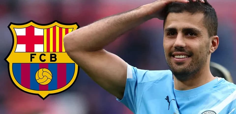 Player smiling with hand on head, Barcelona logo background
