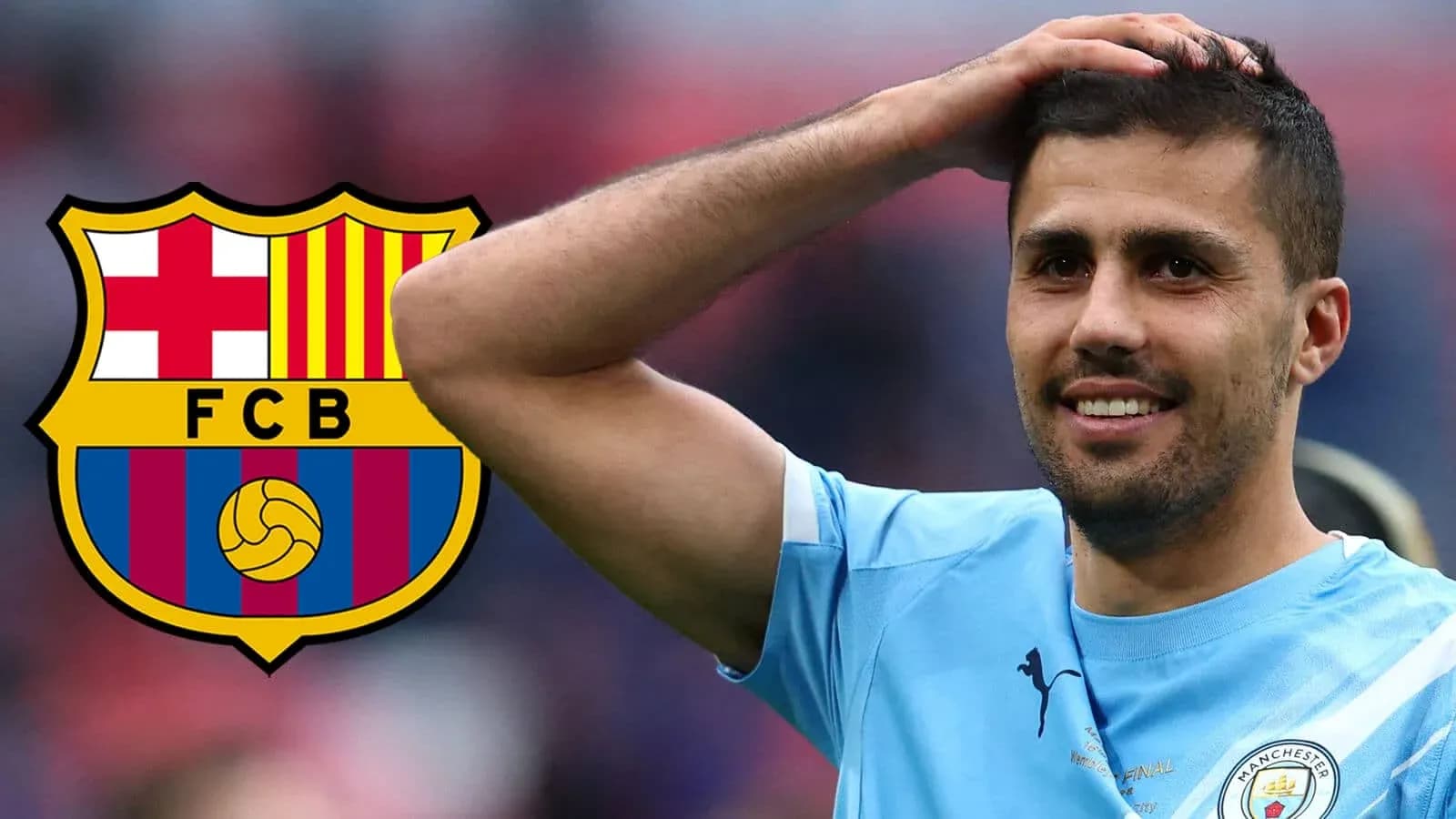 Player smiling with hand on head, Barcelona logo background
