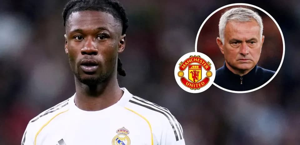 Football player in Real Madrid kit with Manchester United logo