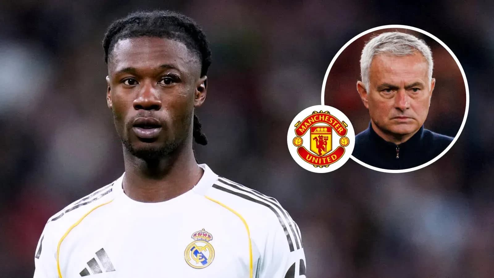 Football player in Real Madrid kit with Manchester United logo