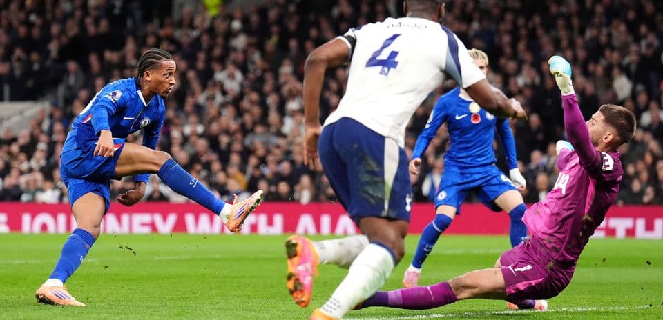 Chelsea player shoots on goal against Tottenham