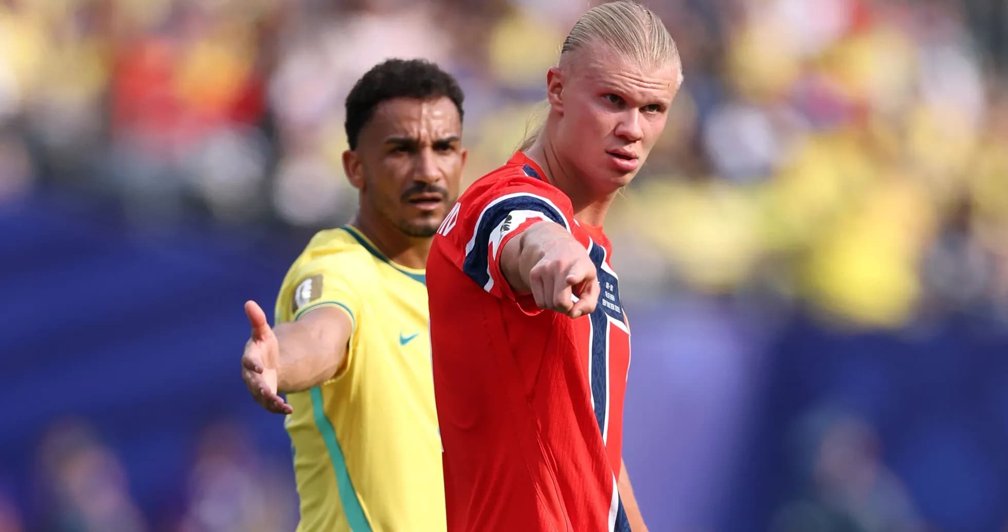 Players from Norway and Brazil during match action