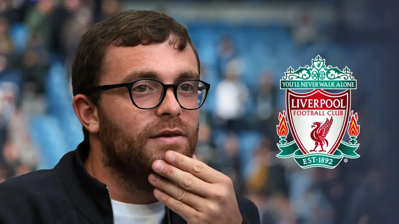 Person contemplating with Liverpool FC logo in background