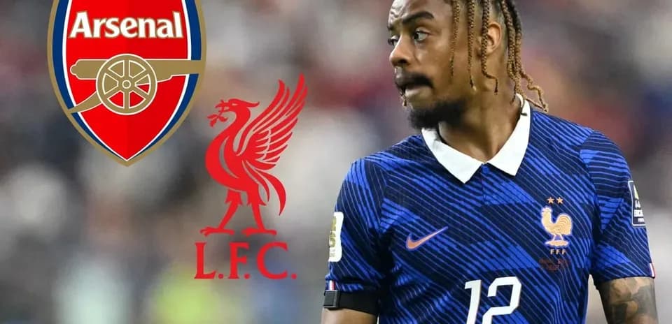 Player in France kit with club logos of Arsenal and Liverpool