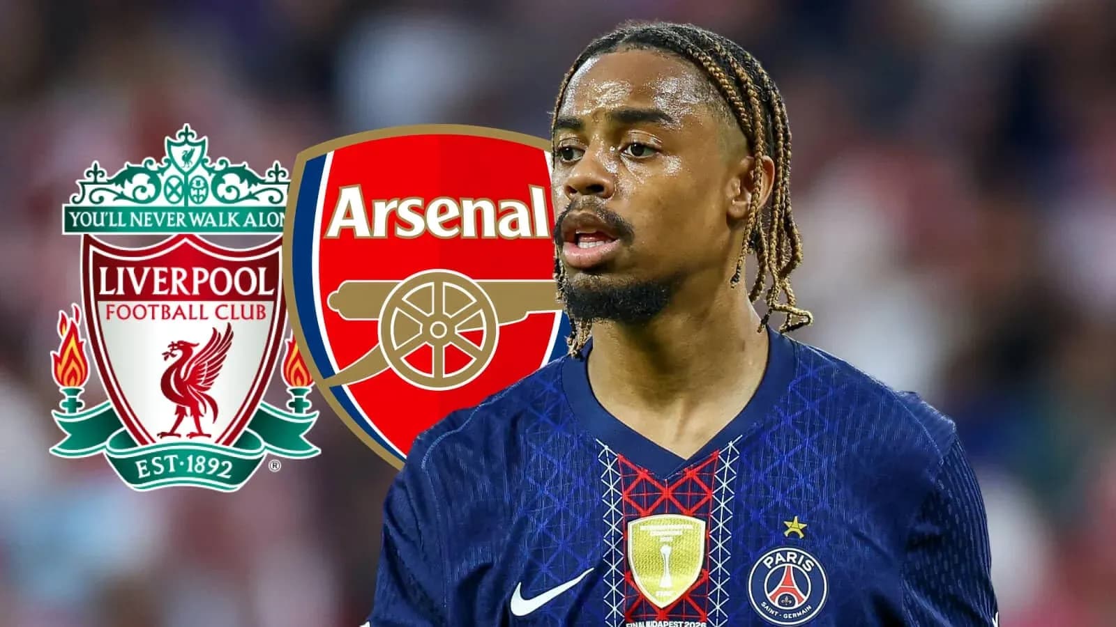 Player from Paris Saint-Germain with Liverpool and Arsenal logos