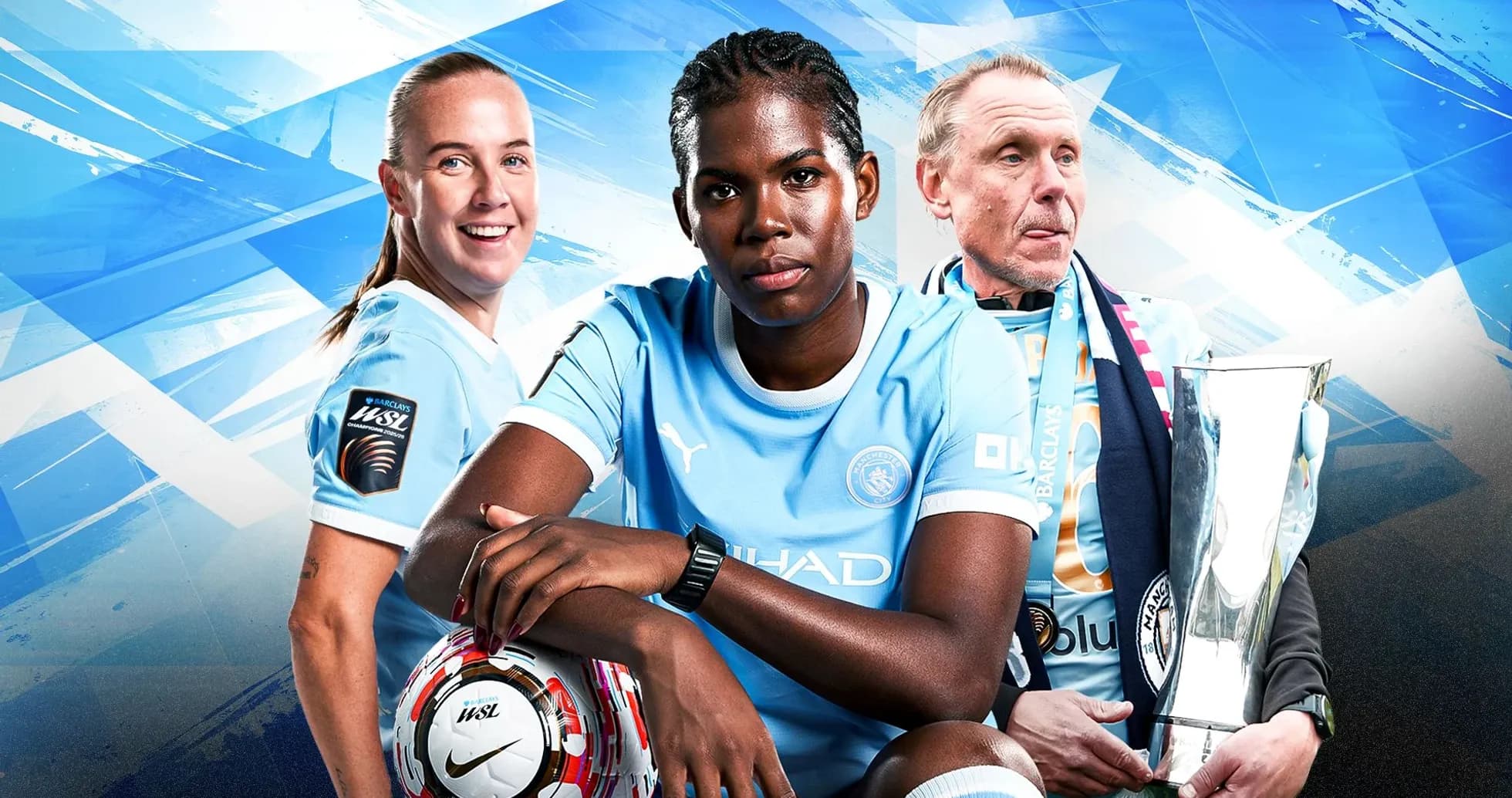 Three Manchester City players posing with trophy