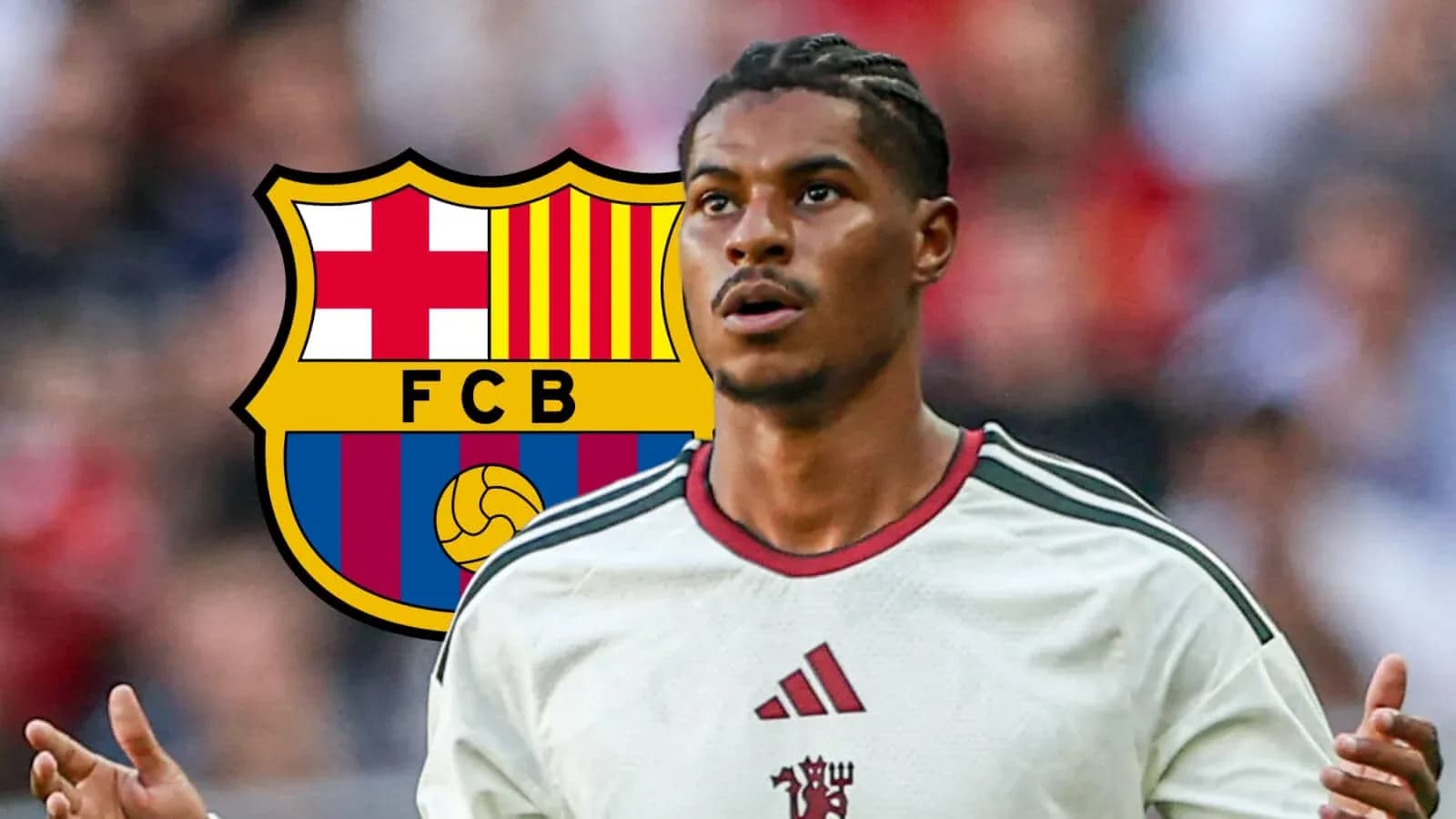 Player in jersey with Barcelona logo in background