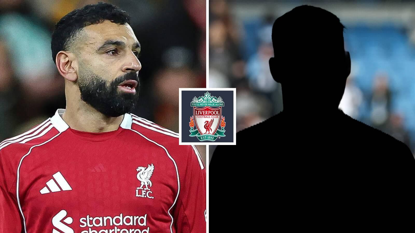 Mohamed Salah in Liverpool kit next to silhouette