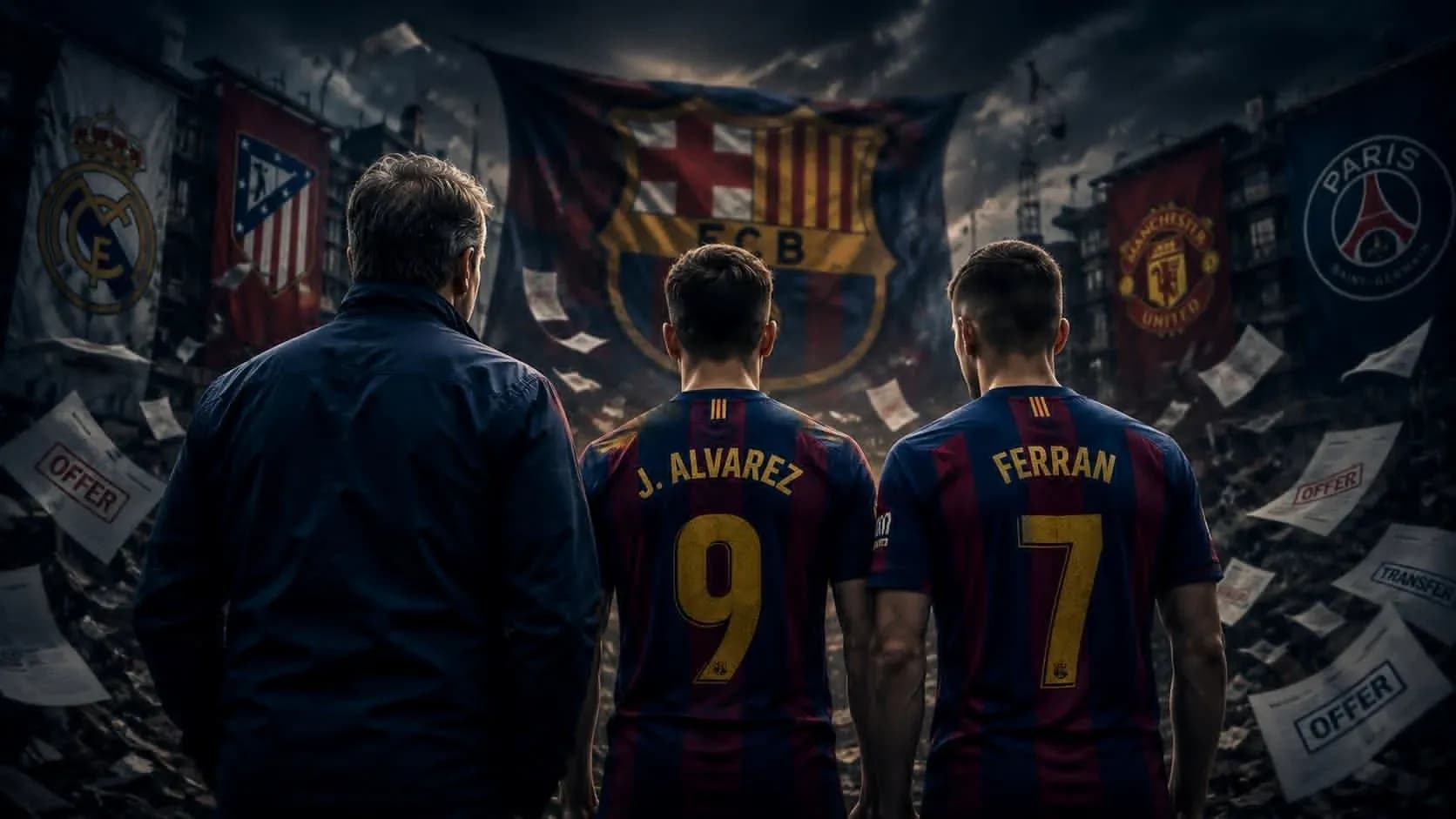 Barcelona players J. Alvarez and Ferran in jerseys