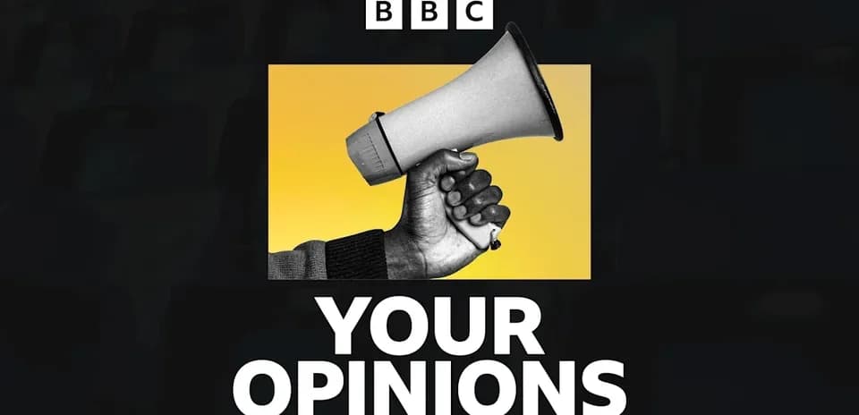 Hand holding megaphone with 'YOUR OPINIONS' text