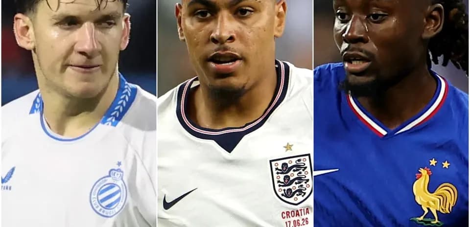 Three football players in their national team kits