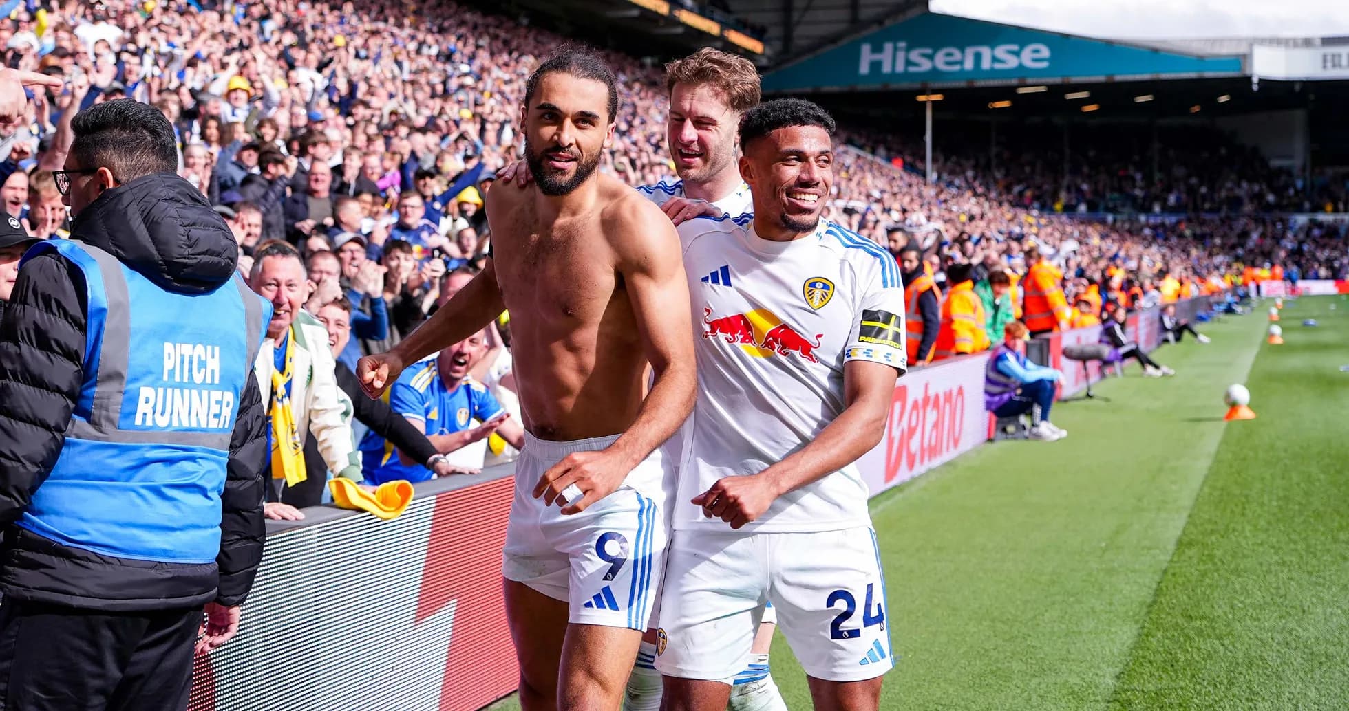 Leeds players celebrating after a goal