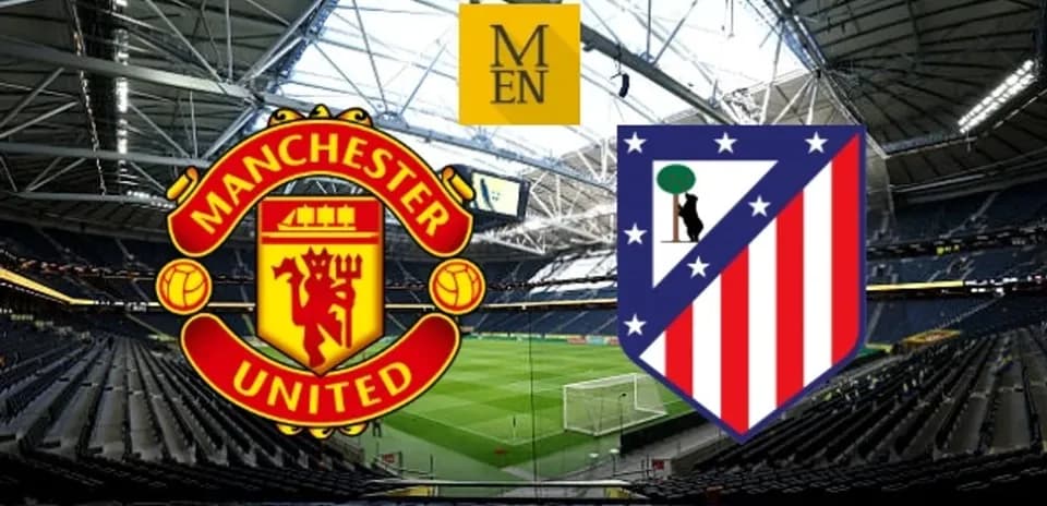Manchester United and Atletico Madrid logos on stadium background