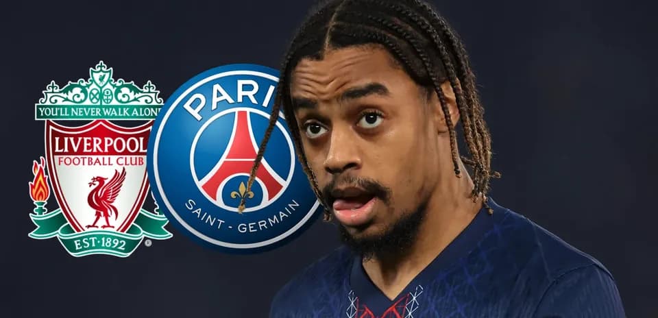 Player in PSG kit with team logos behind