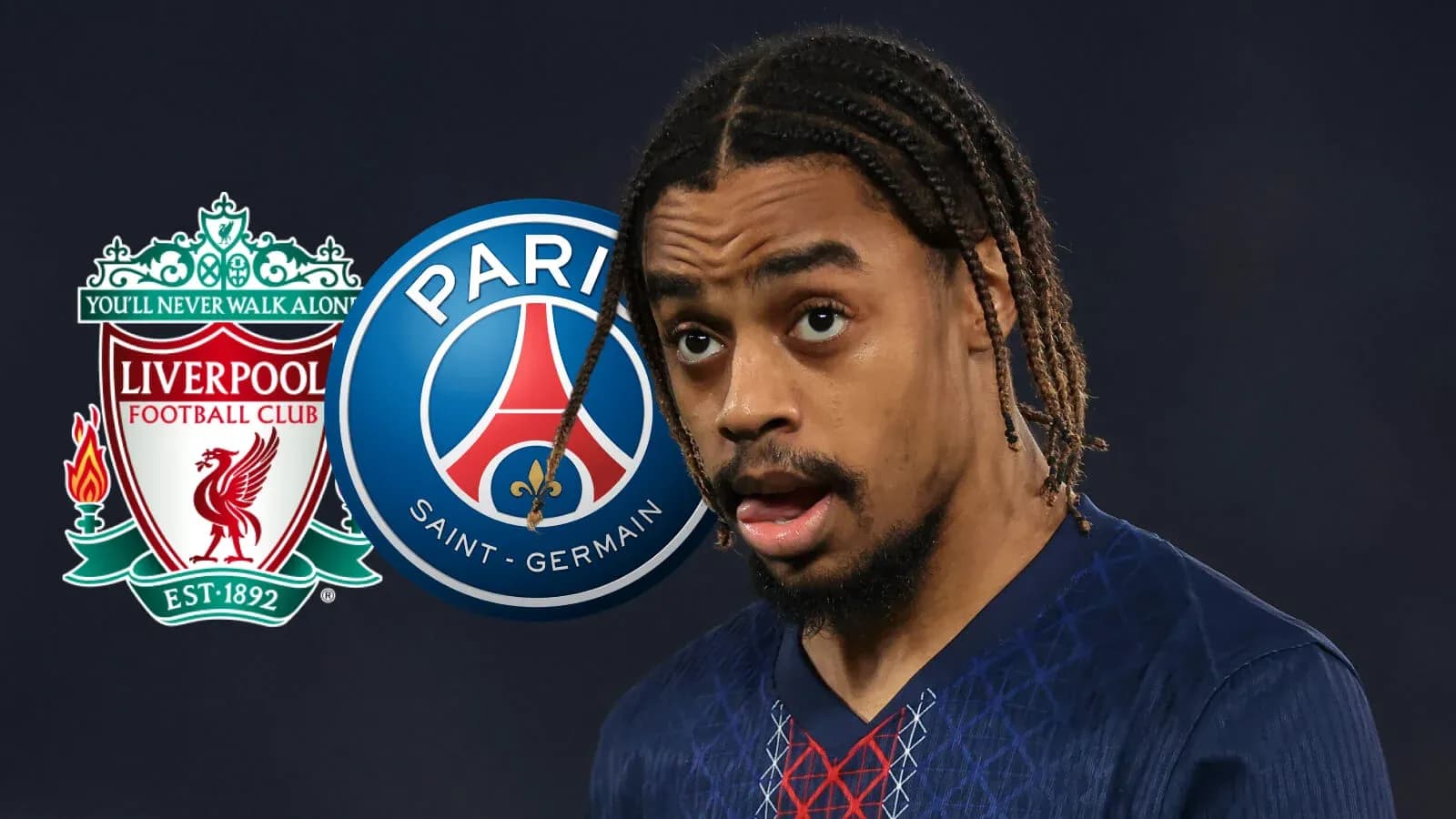 Player in PSG kit with team logos behind