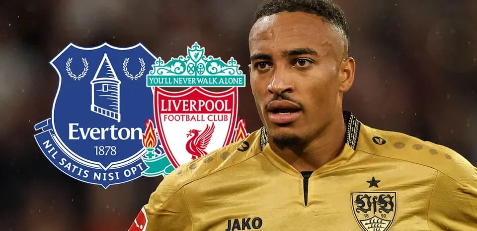 Player in golden kit with Everton and Liverpool logos