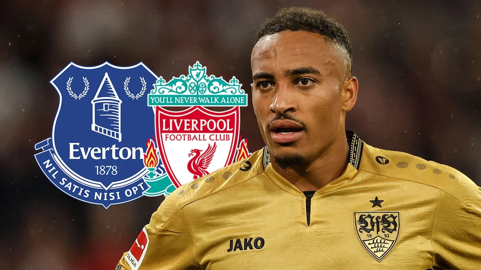 Player in golden kit with Everton and Liverpool logos