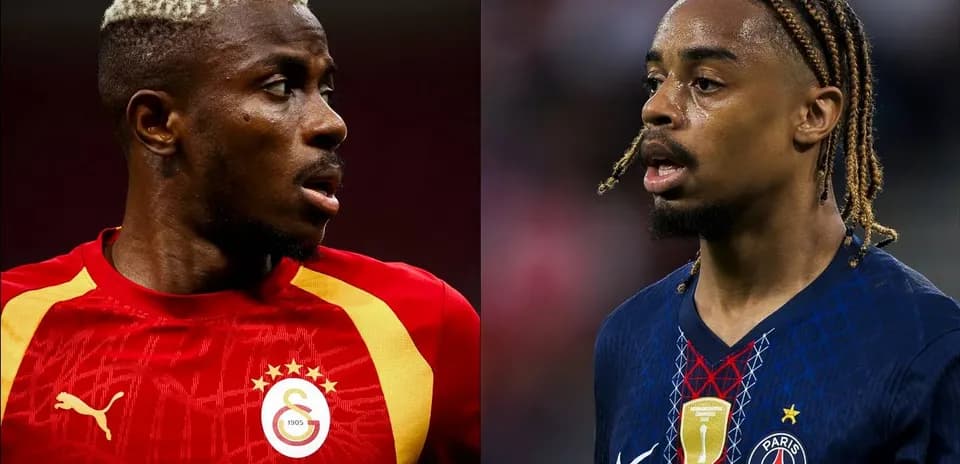 Two soccer players in club jerseys facing each other