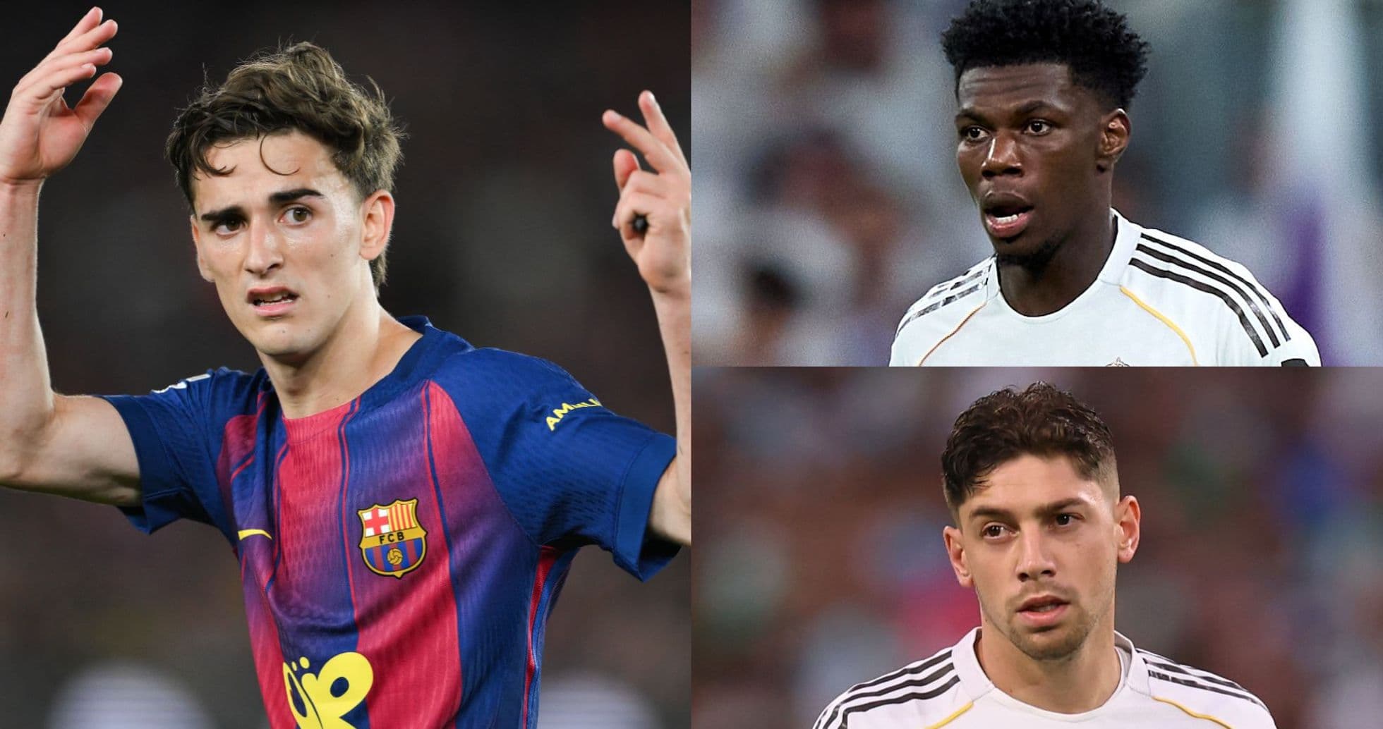 Three football players during a match; Barcelona and Real Madrid
