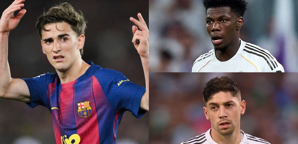 Three football players during a match; Barcelona and Real Madrid