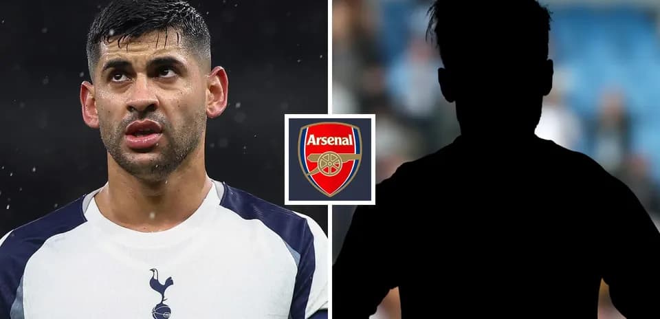 Player from Tottenham with Arsenal logo in background