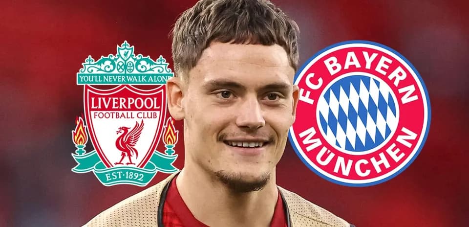 Player smiling with Liverpool and Bayern Munich logos