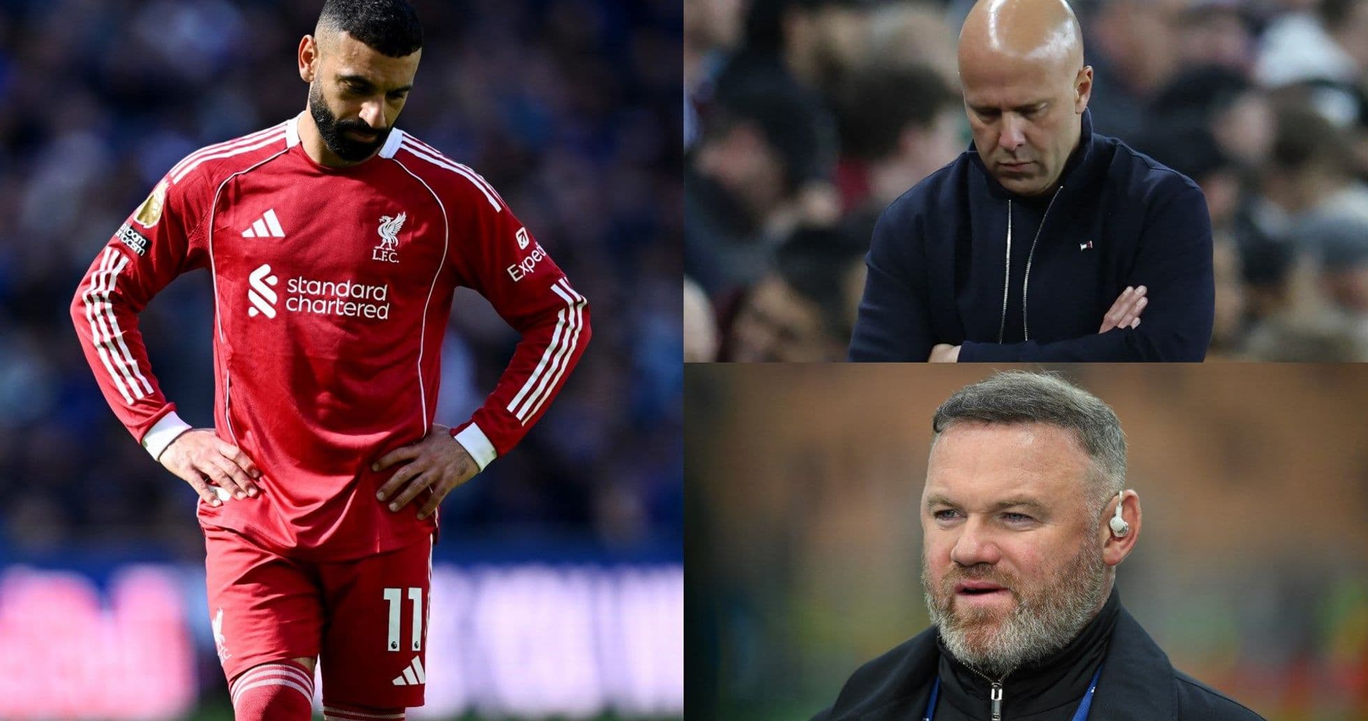 Liverpool player looking down with two coaches observing