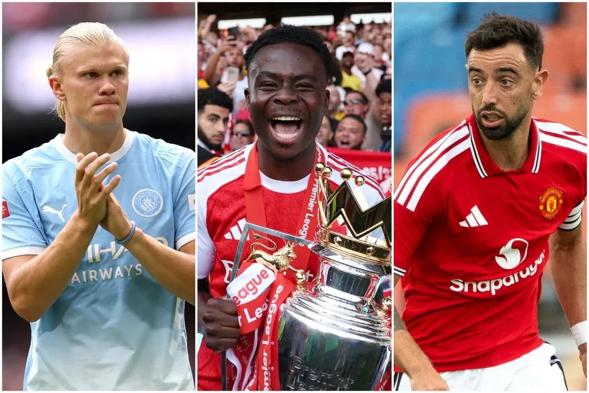 Three football players: Haaland, Saka with trophy, Fernandes