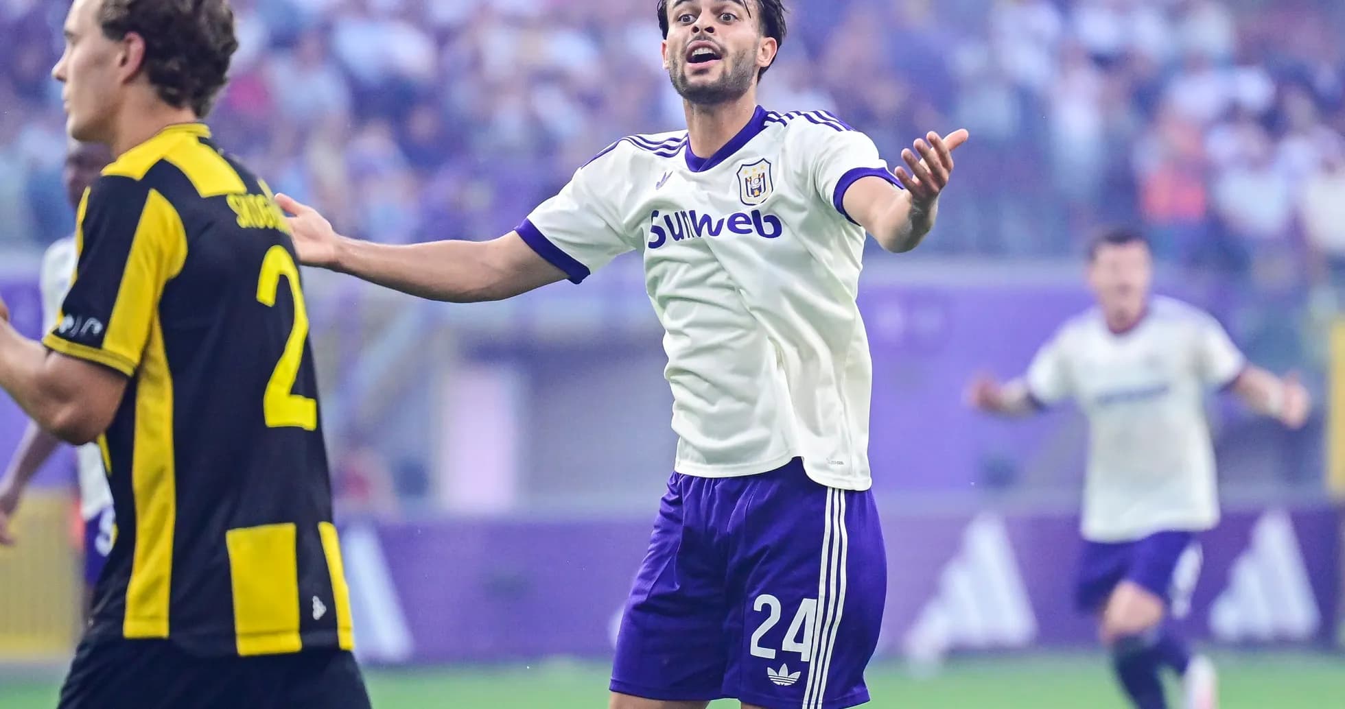 Anderlecht player appeals during UEFA Europa League match