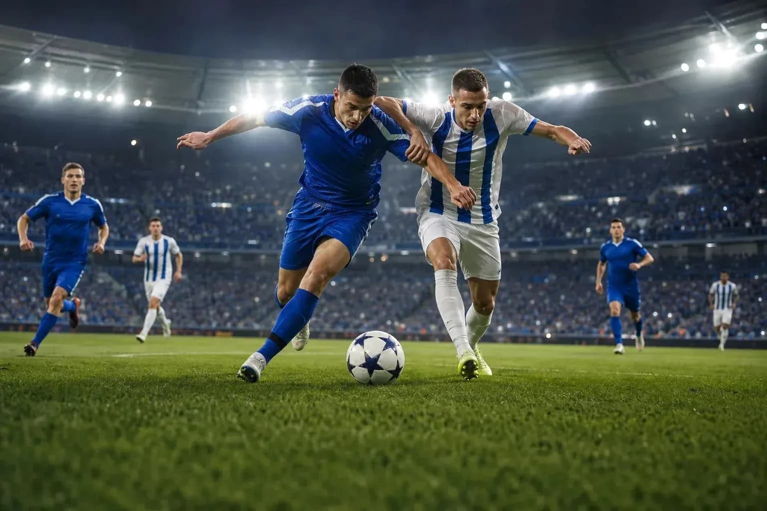 Two players competing for the ball in UEFA match