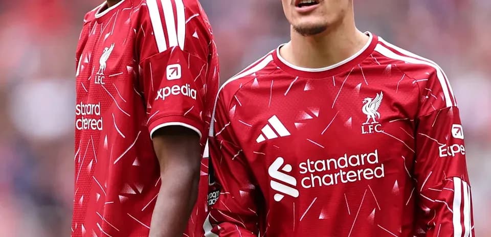 Two Liverpool players in red jerseys on pitch